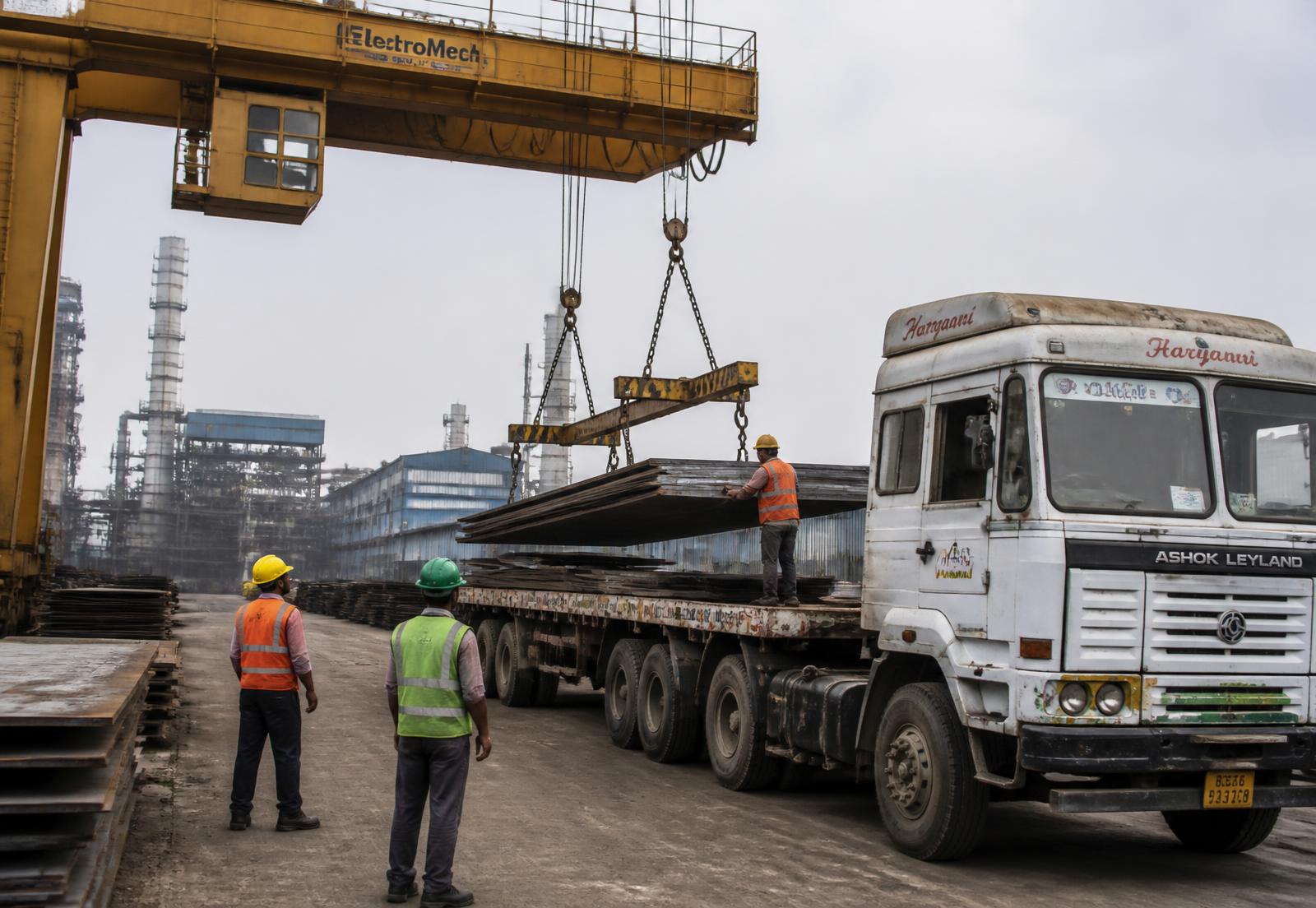 Steel plates being loaded onto a trailer